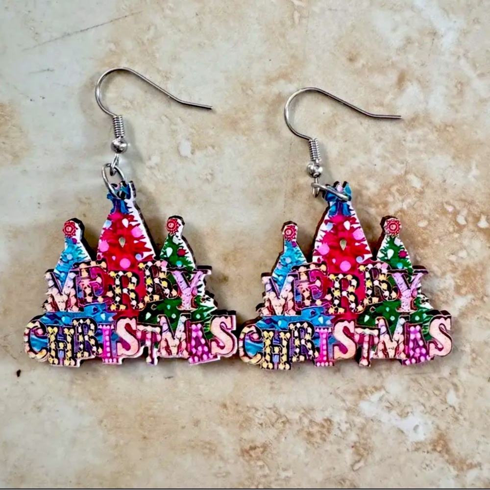 Charming Wooden Christmas Tree Dangle Earrings Party Style, Perfect Holiday Gift